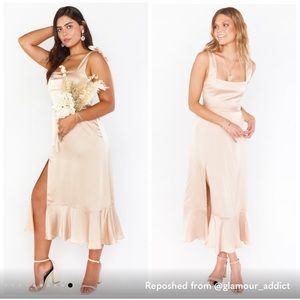 NWOT Show Me Your Mumu Claire Midi Dress in Champagne Luxe Satin